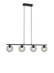 Moderne Hängeleuchte mit vier kugelförmigen, strukturierten Glaskörpern, seitliche Perspektive