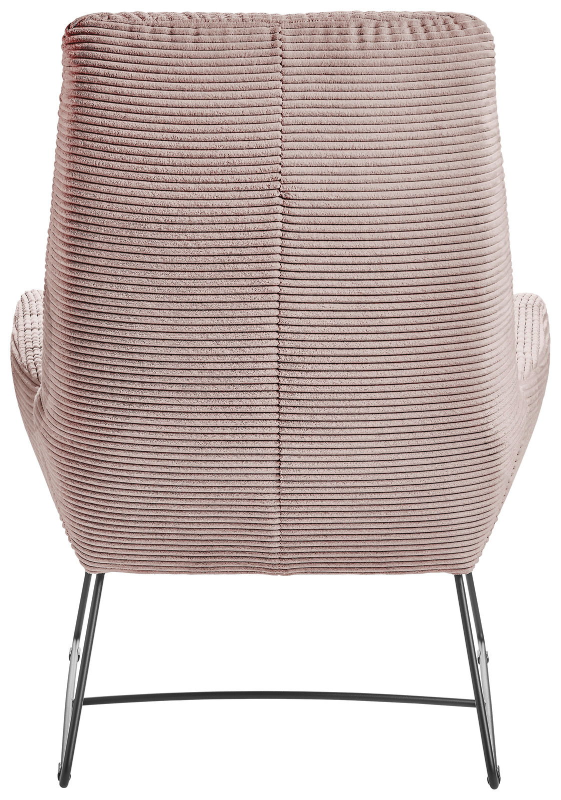 Rückansicht eines Sessels mit geripptem Stoffbezug und Metallbeinen