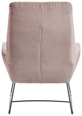 Rückansicht eines Sessels mit geripptem Stoffbezug und Metallbeinen
