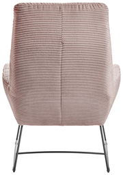 Rückansicht eines Sessels mit geripptem Stoffbezug und Metallbeinen