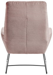 Rückansicht eines Sessels mit geripptem Stoffbezug und Metallbeinen
