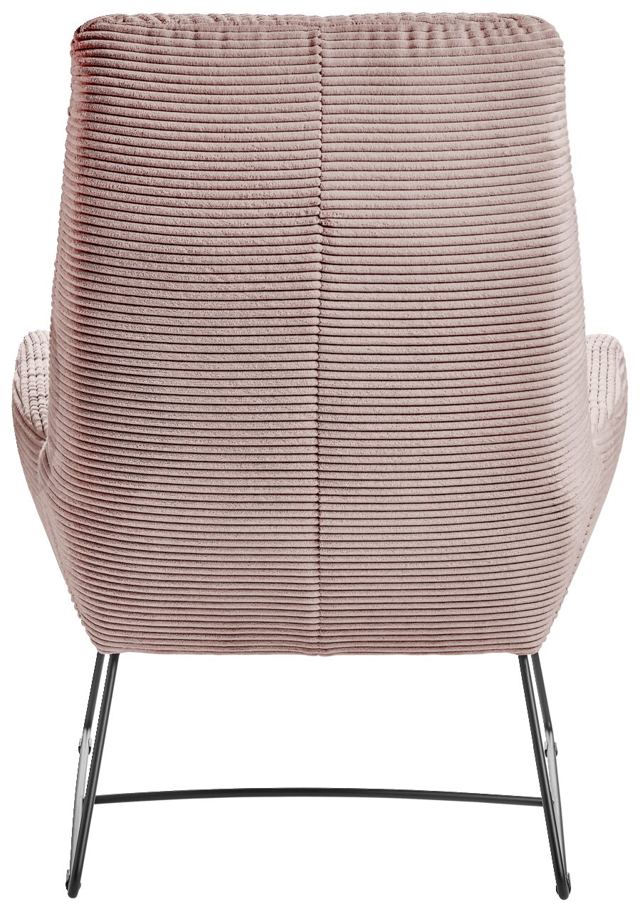 Rückansicht eines Sessels mit geripptem Stoffbezug und Metallbeinen