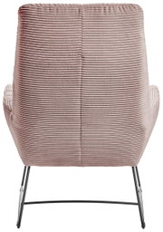 Rückansicht eines Sessels mit geripptem Stoffbezug und Metallbeinen