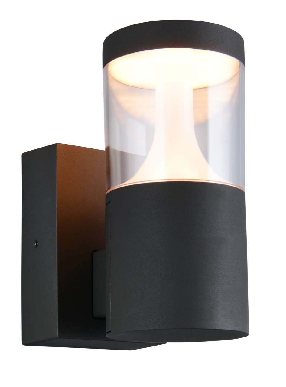 Moderne LED-Außenwandleuchte in zylindrischer Form, seitliche Perspektive