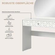 Schminktisch mit robuster, melaminharzbeschichteter Oberfläche, kratzfest, stoßfest, wasserabweisend und leicht zu reinigen, seitliche Perspektive.