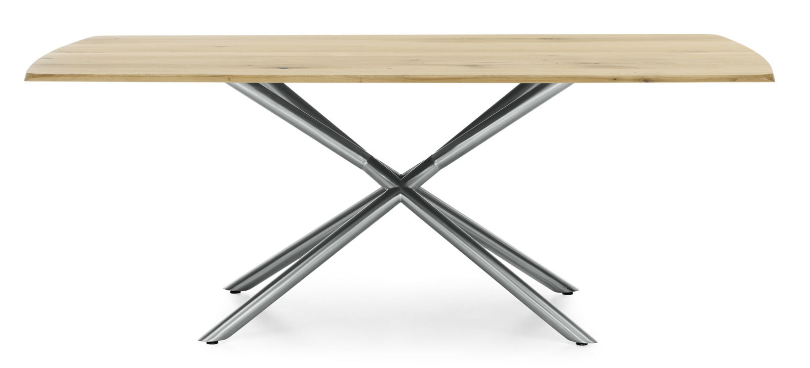 Moderner Esstisch mit Holzplatte und gekreuztem Metallgestell, Frontalansicht