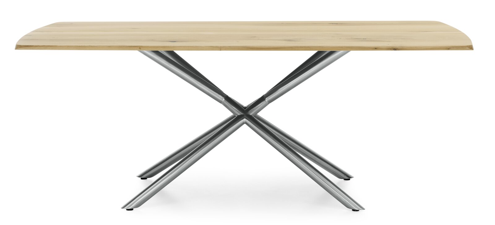 Moderner Esstisch mit Holzplatte und gekreuztem Metallgestell, Frontalansicht