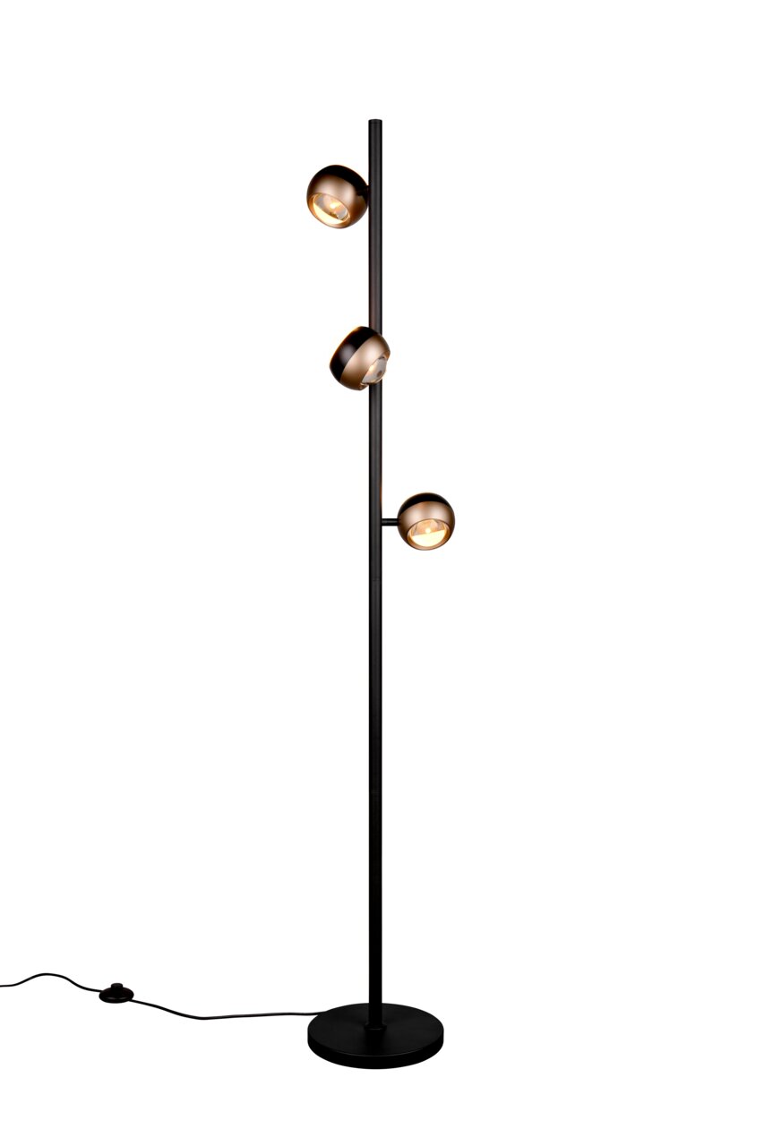 Moderne Stehleuchte ORBIT mit drei verstellbaren Leuchtköpfen in seitlicher Perspektive.