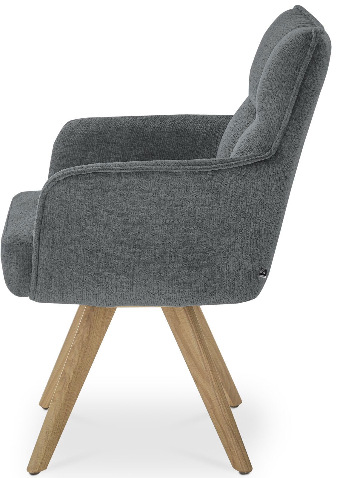 Seitenansicht eines grauen Armlehnstuhls mit Holzbeinen