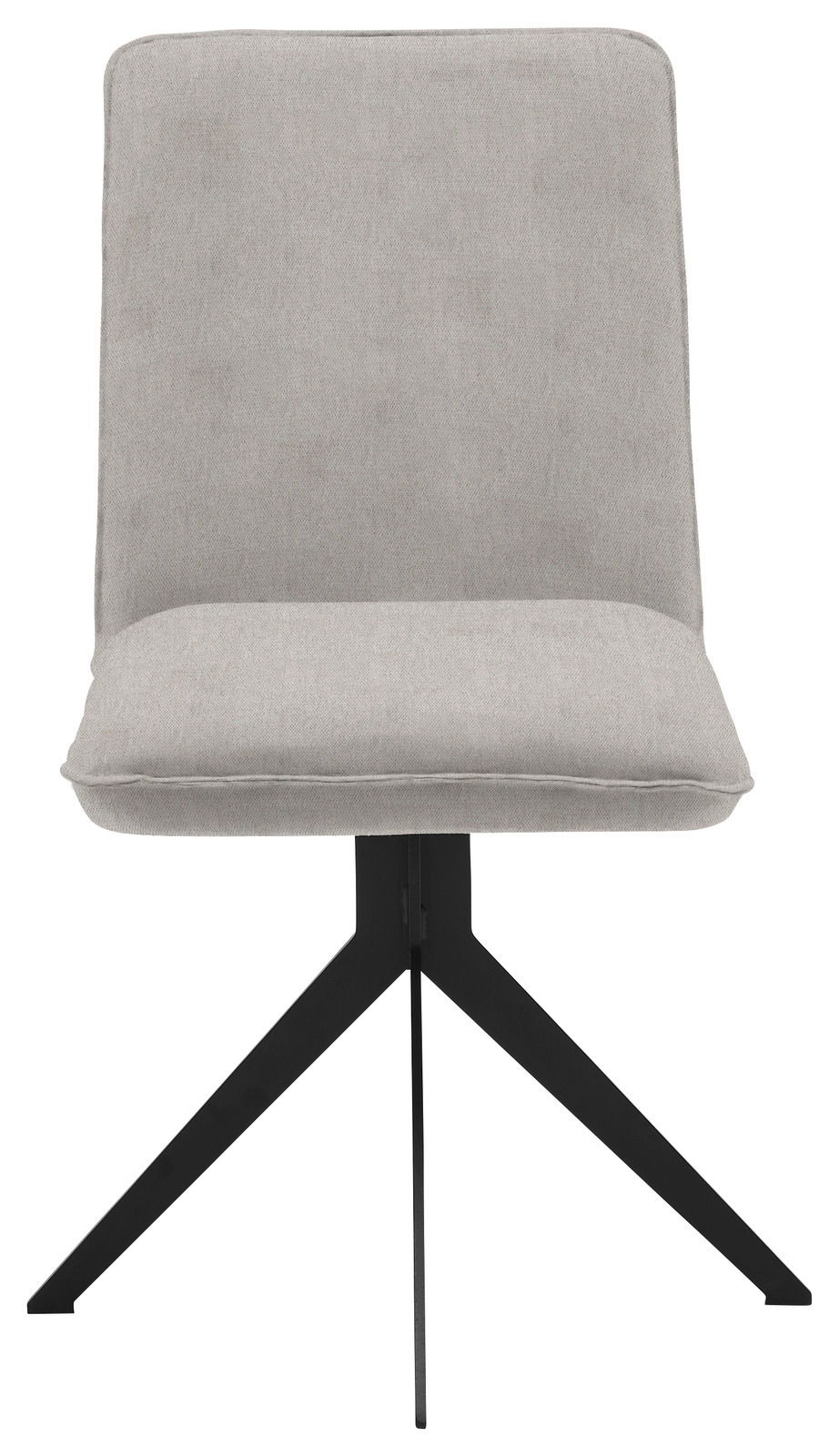 Moderner Stuhl mit grauem Stoffbezug und schwarzem Metallgestell, Frontalansicht