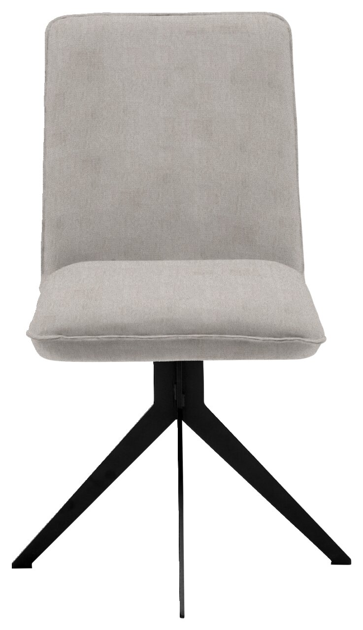 Moderner Stuhl mit grauem Stoffbezug und schwarzem Metallgestell, Frontalansicht