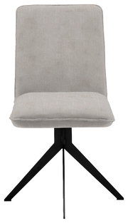 Moderner Stuhl mit grauem Stoffbezug und schwarzem Metallgestell, Frontalansicht