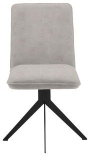Moderner Stuhl mit grauem Stoffbezug und schwarzem Metallgestell, Frontalansicht