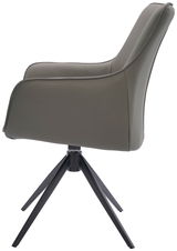 Seitenansicht eines modernen Armlehnstuhls mit grauem Bezug und schwarzen Metallbeinen.