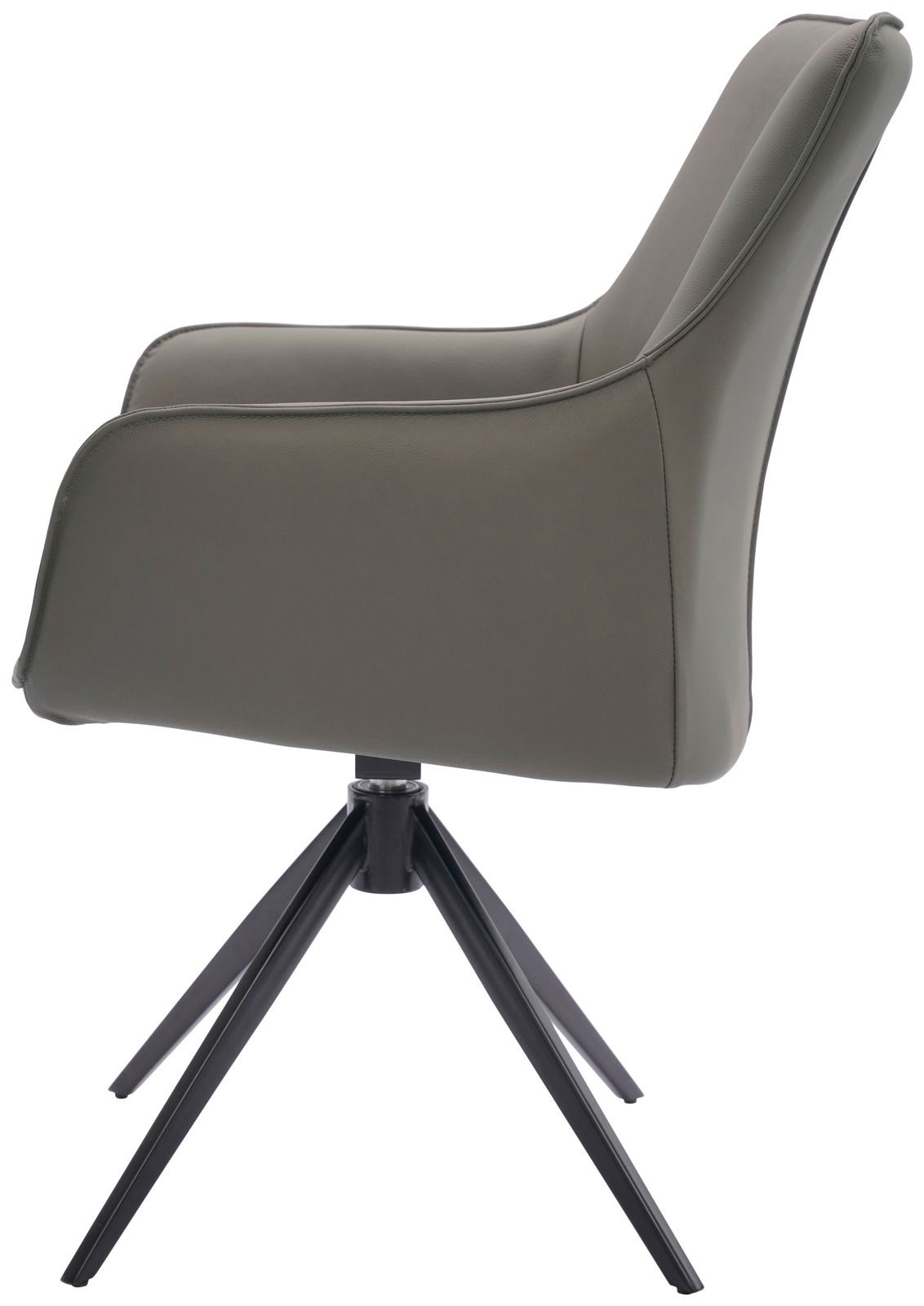 Seitenansicht eines modernen Armlehnstuhls mit grauem Bezug und schwarzen Metallbeinen.