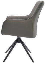 Seitenansicht eines modernen Armlehnstuhls mit grauem Bezug und schwarzen Metallbeinen.