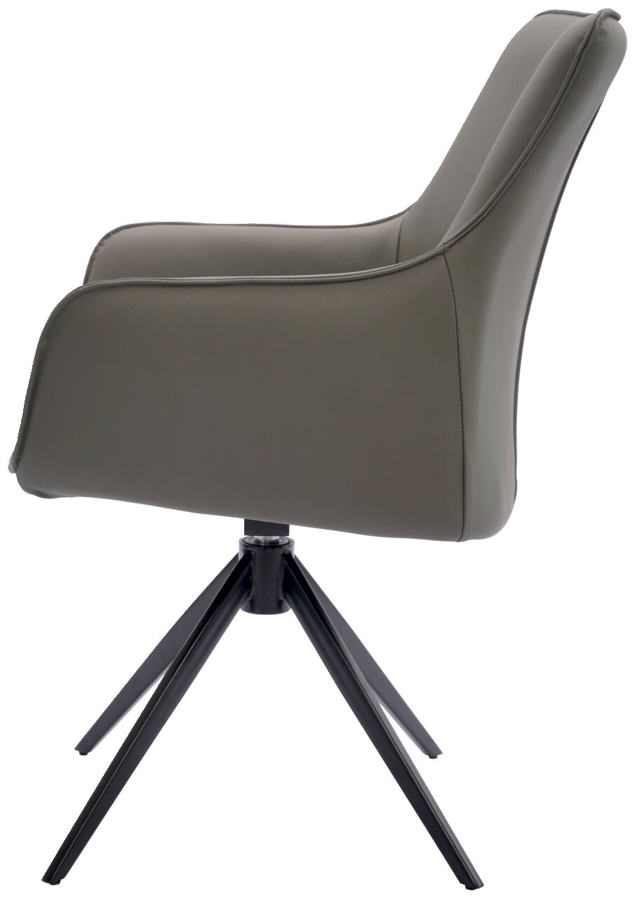 Seitenansicht eines modernen Armlehnstuhls mit grauem Bezug und schwarzen Metallbeinen.