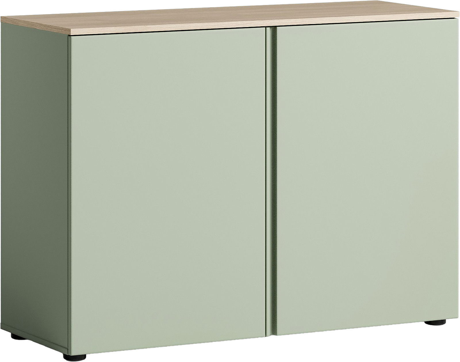 Voleo Kommode Grüne Kommode mit zwei Türen und Holzoberfläche, frontale Perspektive