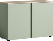 Grüne Kommode mit zwei Türen und Holzoberfläche, frontale Perspektive