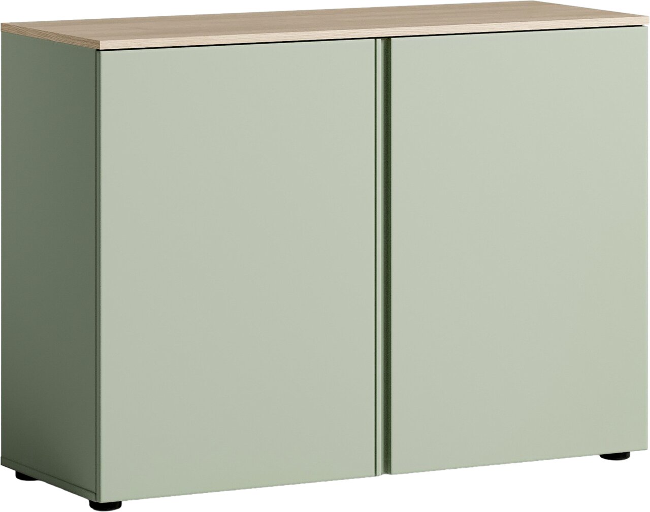 Groene ladekast met twee deuren en een houten afwerking, vooraanzicht
