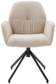 Beige fauteuil met gestoffeerde zitting en rugleuning, op een zwart metalen onderstel, vooraanzicht