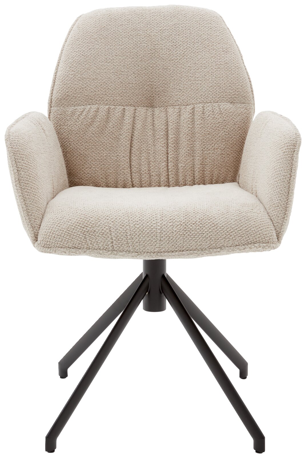 Beige fauteuil met gestoffeerde zitting en rugleuning, op een zwart metalen onderstel, vooraanzicht