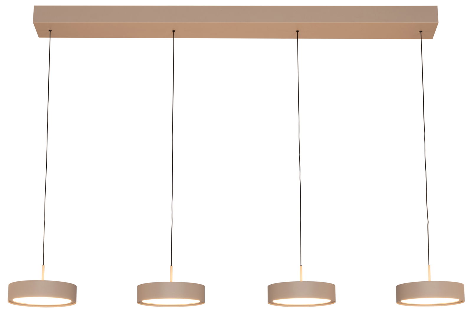 Moderne LED-Hängeleuchte mit vier runden Lampenschirmen, von unten betrachtet.