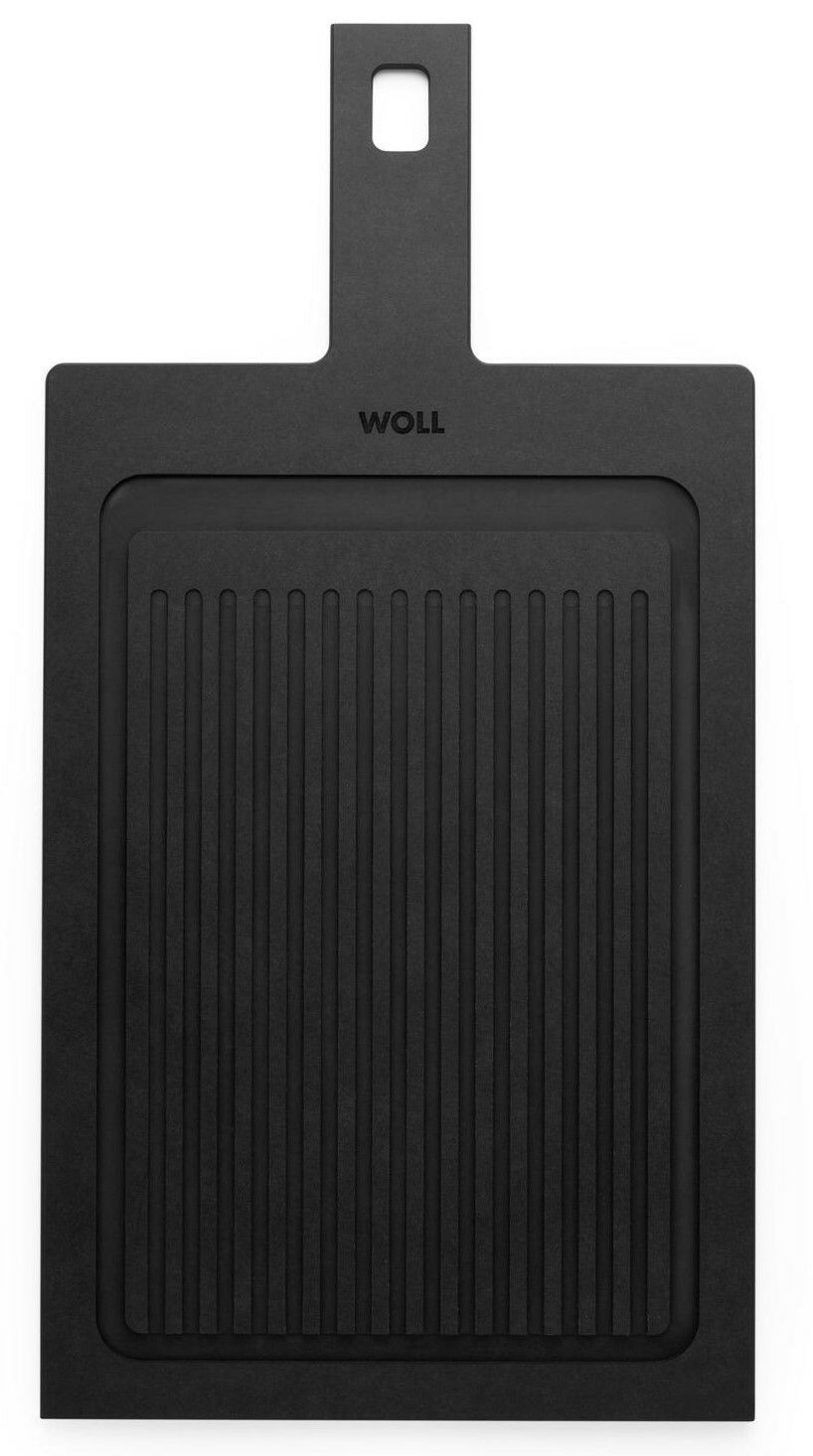 Schwarzes Schneidebrett mit Rillen und Griff, Draufsicht