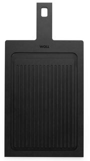 Schwarzes Schneidebrett mit Rillen und Griff, Draufsicht