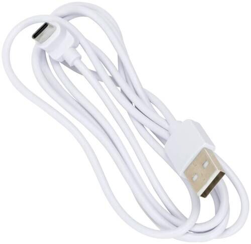 Witte USB-kabel met USB-A- en USB-C-aansluitingen, gefotografeerd van bovenaf