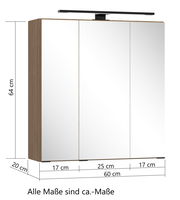 Spiegelschrank 60 cm mit drei Türen, Holzrahmen und integrierter Beleuchtung, seitliche Perspektive