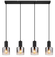 Moderne Hängeleuchte mit vier schwarzen Pendeln und transparenten Glasschirmen, frontal betrachtet.