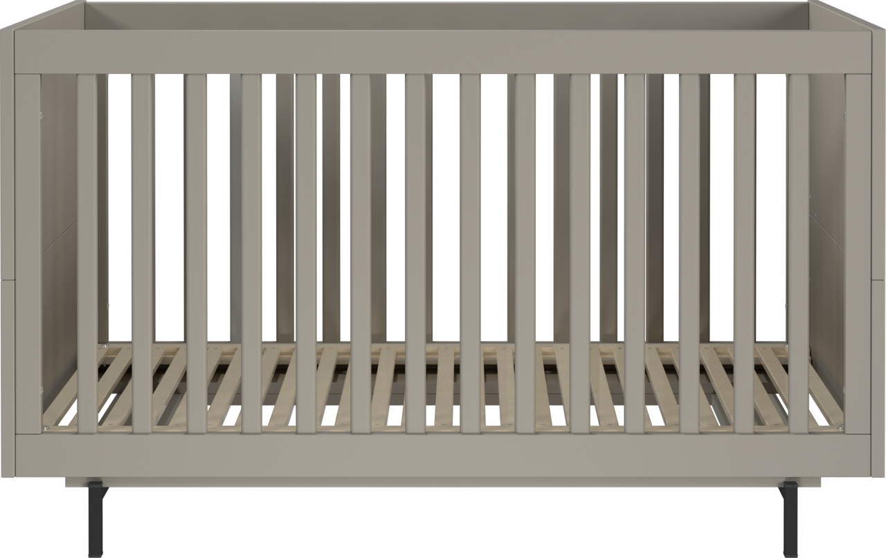Frontale Ansicht eines modernen, grauen Kinderbetts mit Gitterstäben und stabilen Beinen.