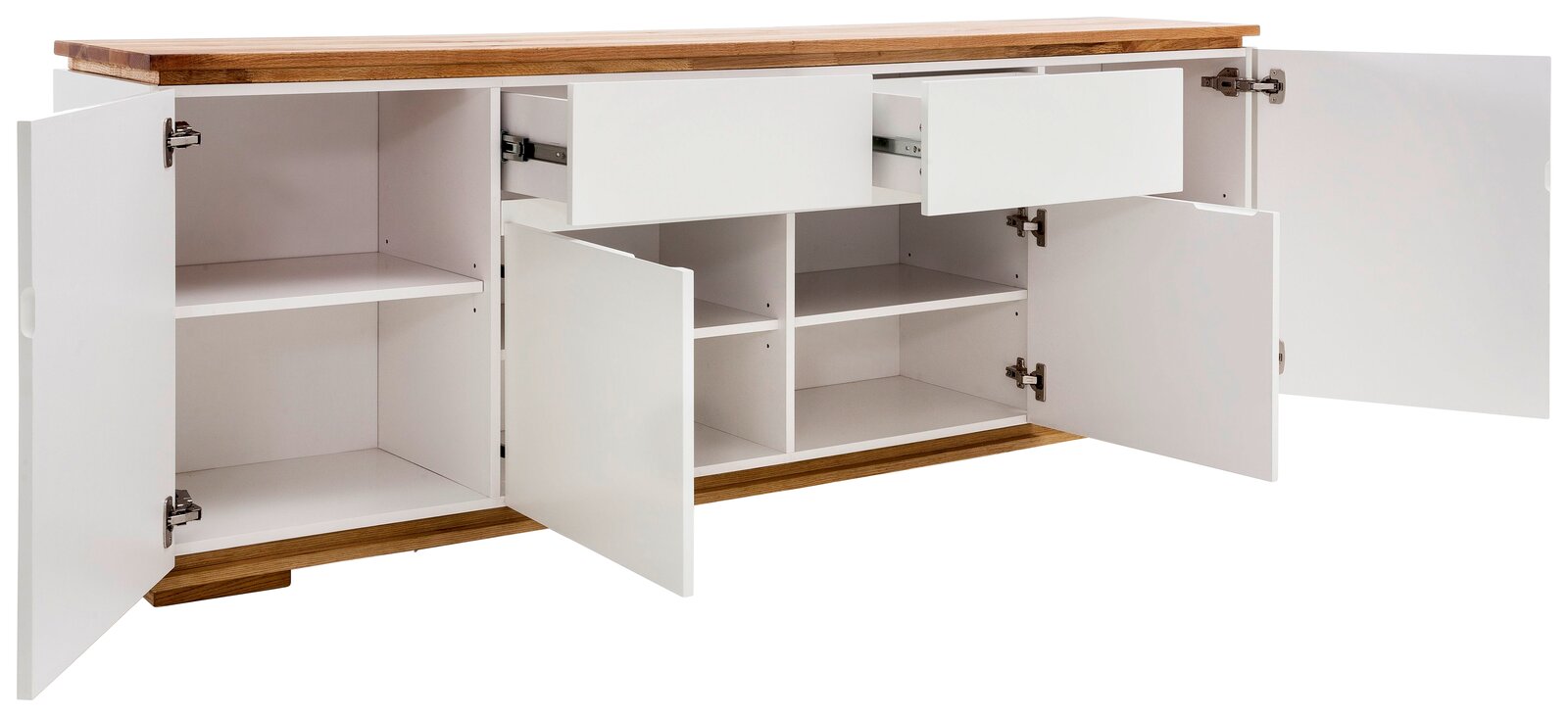 Weißes XL-Sideboard CHIARO mit offenen Türen und Schubladen, zeigt Innenfächer und Holzoberfläche, Perspektive von vorne.