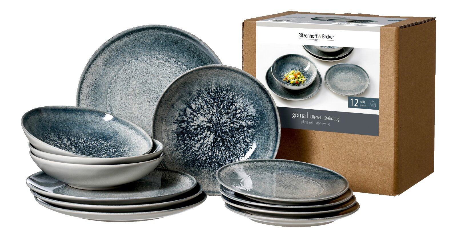 Ritzenhoff & Breker grana 12-delige serviesset van grijsblauw steengoed met borden en kommen, schuin van voren getoond naast de verpakking