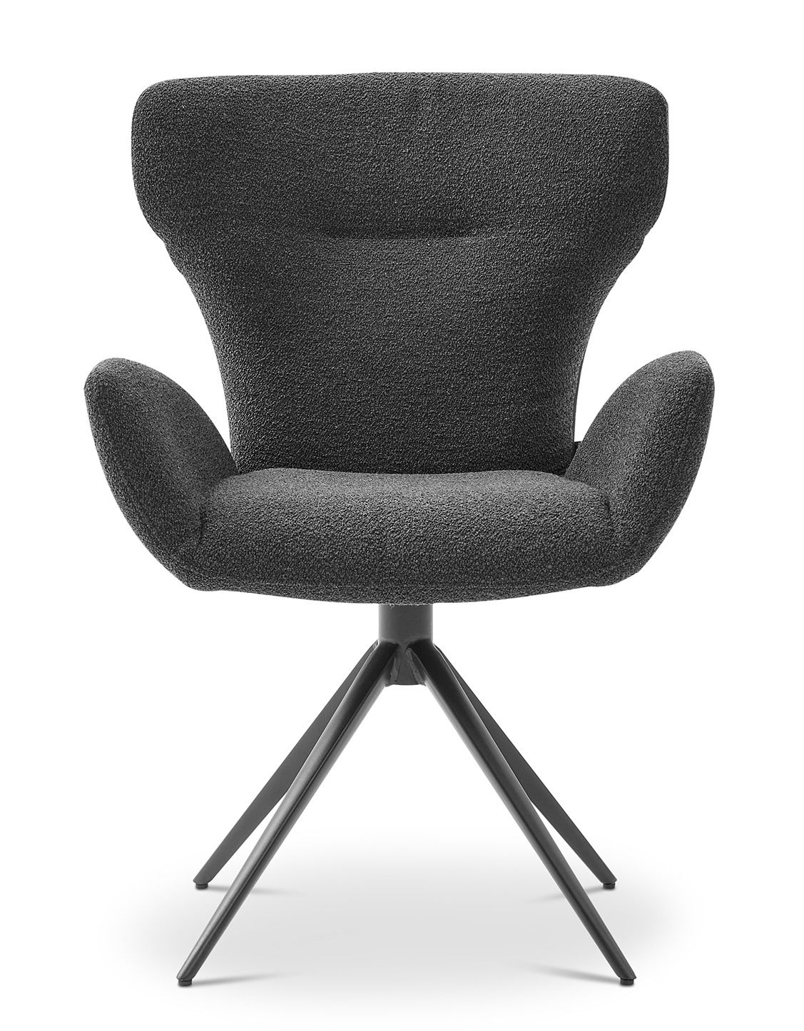 Moderner Armlehnstuhl in dunklem Stoff, Frontalansicht