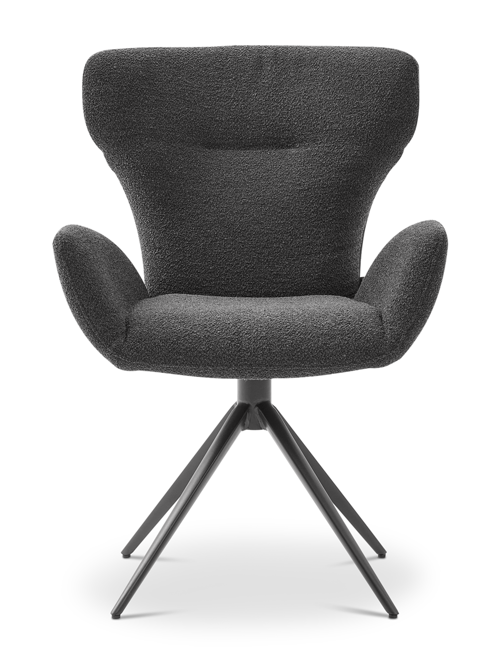 Moderner Armlehnstuhl in dunklem Stoff, Frontalansicht