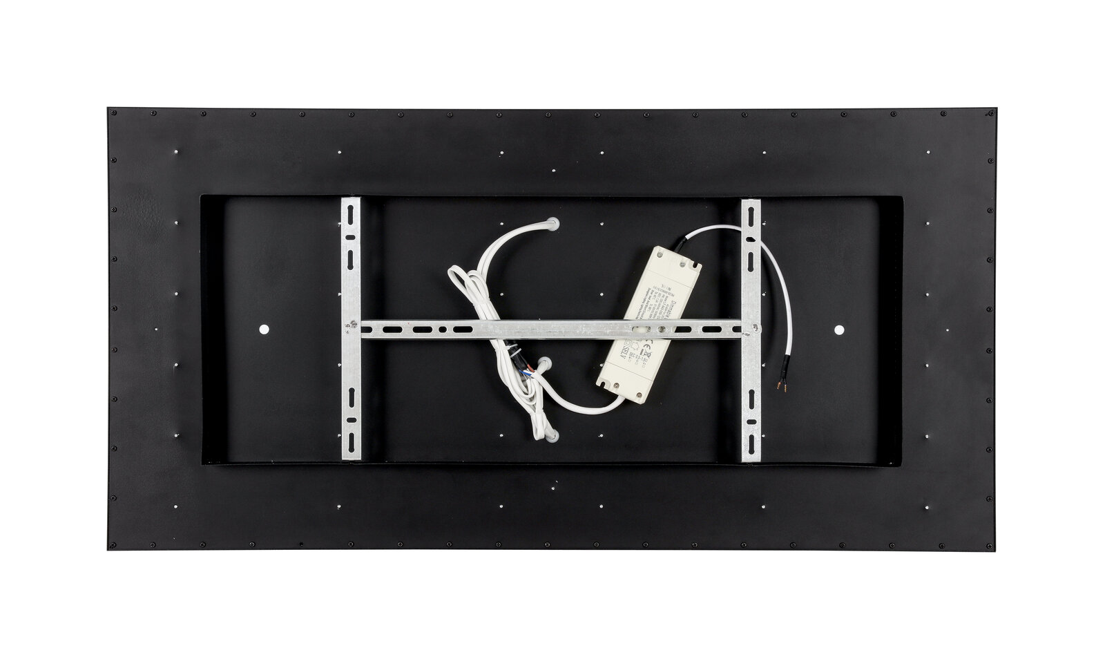 Rückansicht einer rechteckigen LED-Deckenleuchte mit sichtbarer Verkabelung und Montageschienen.