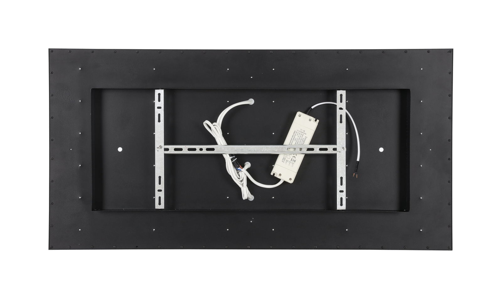 Rückansicht einer rechteckigen LED-Deckenleuchte mit sichtbarer Verkabelung und Montageschienen.