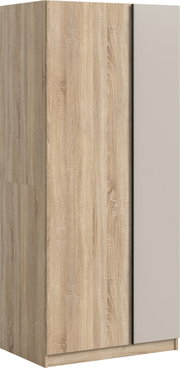Zweitüriger Kleiderschrank in heller Holzoptik mit glatter, hellgrauer Türfront, freistehend auf Sockel, Ansicht schräg von vorn (3/4-Perspektive)