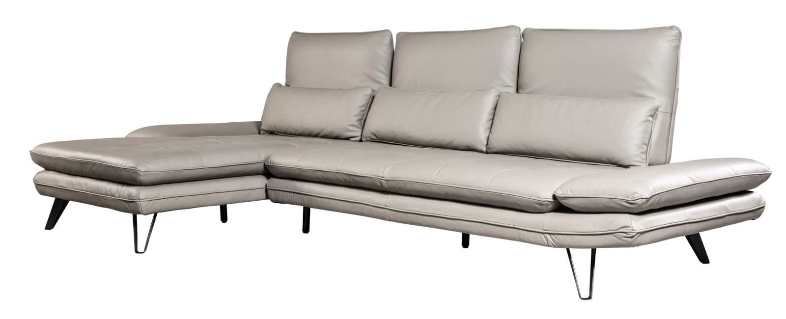 Graues Ledersofa mit Longchair, moderne Metallfüße, seitliche Perspektive
