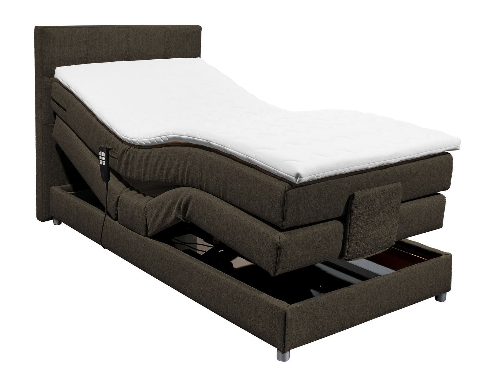 Boxspringbett mit verstellbarem Kopf- und Fußteil, seitliche Perspektive