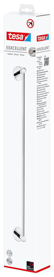 Verpackung der tesa Exxcellent Handtuchstange, Vorderansicht, zeigt das Produktbild und die Maße 630mm x 50mm x 85mm.