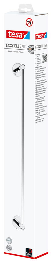 Verpackung der tesa Exxcellent Handtuchstange, Vorderansicht, zeigt das Produktbild und die Maße 630mm x 50mm x 85mm.