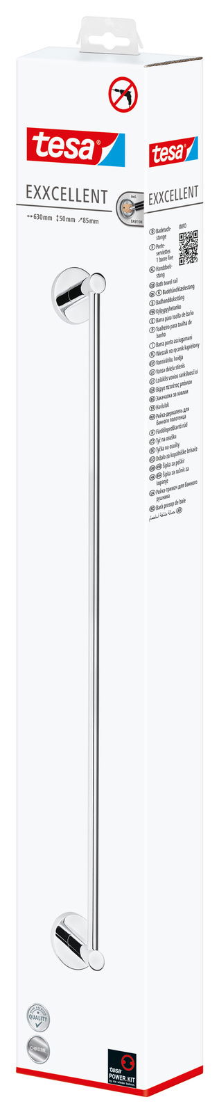 Verpackung der tesa Exxcellent Handtuchstange, Vorderansicht, zeigt das Produktbild und die Maße 630mm x 50mm x 85mm.