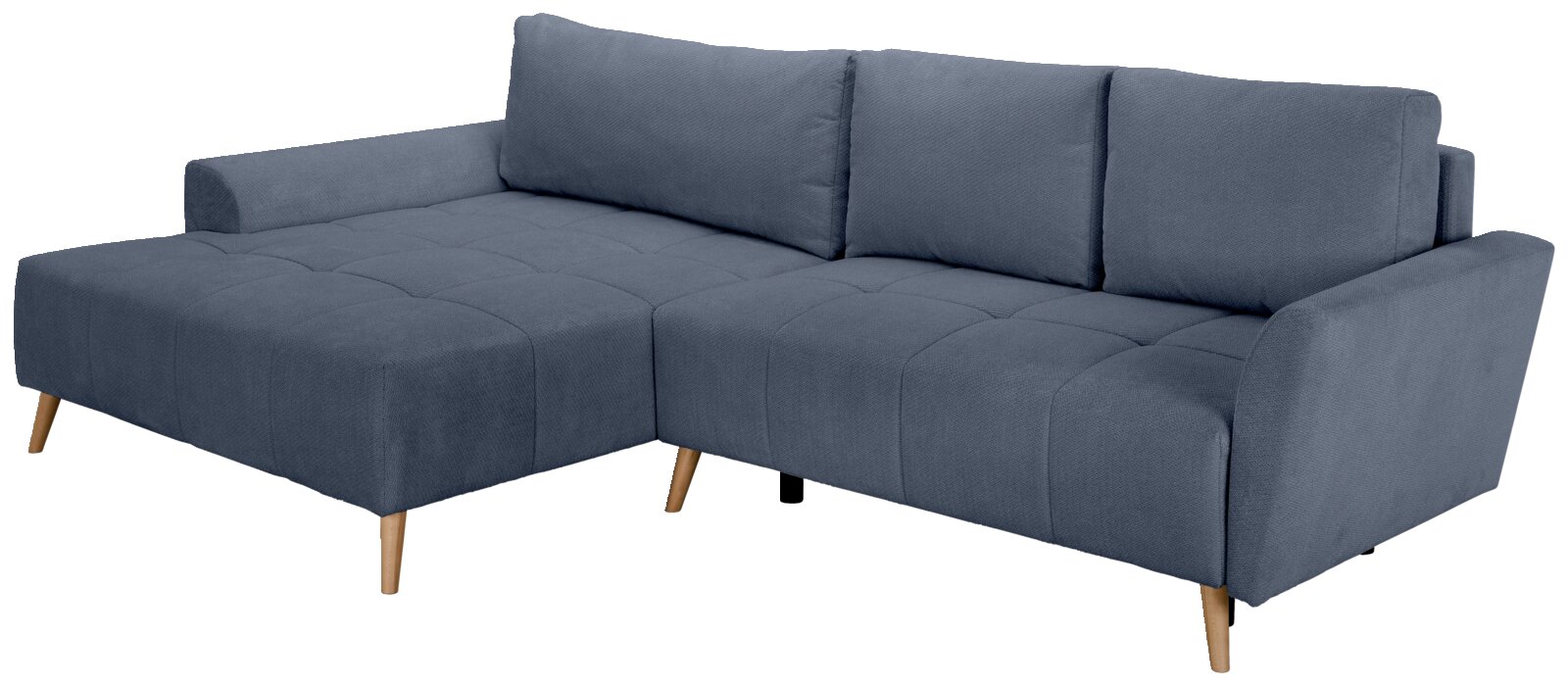 Z2 Ecksofa ZELDA Blaues Ecksofa mit linksseitiger Recamiere, gesteppter Sitzfläche, drei Rückenkissen und Holzfüßen, schräg von vorne rechts fotografiert