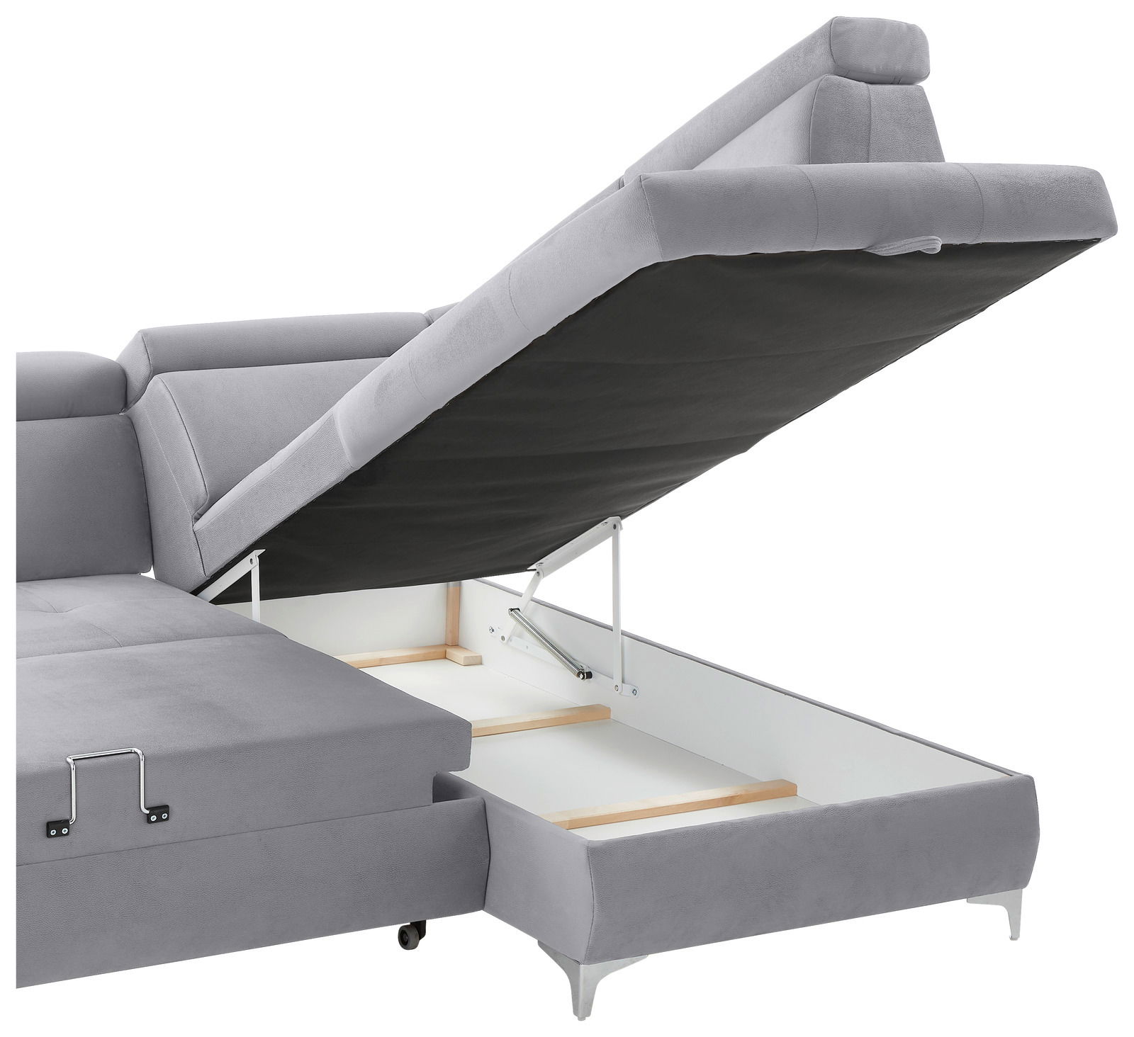 Graue Rundecke mit geöffneter Stauraumfunktion, seitliche Perspektive