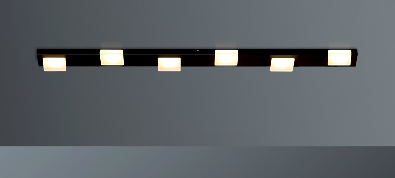 Moderne LED-Deckenleuchte mit sechs quadratischen Leuchtelementen, seitliche Perspektive