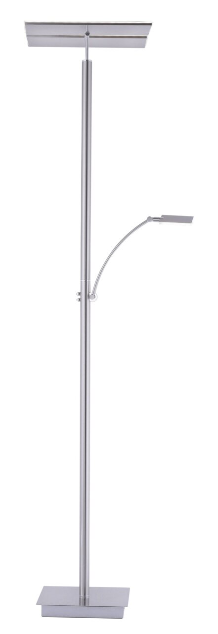 Moderne LED-Stehleuchte aus Metall mit zwei Lichtquellen, frontal abgebildet.