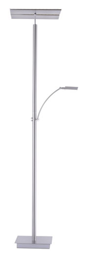 Moderne LED-Stehleuchte aus Metall mit zwei Lichtquellen, frontal abgebildet.
